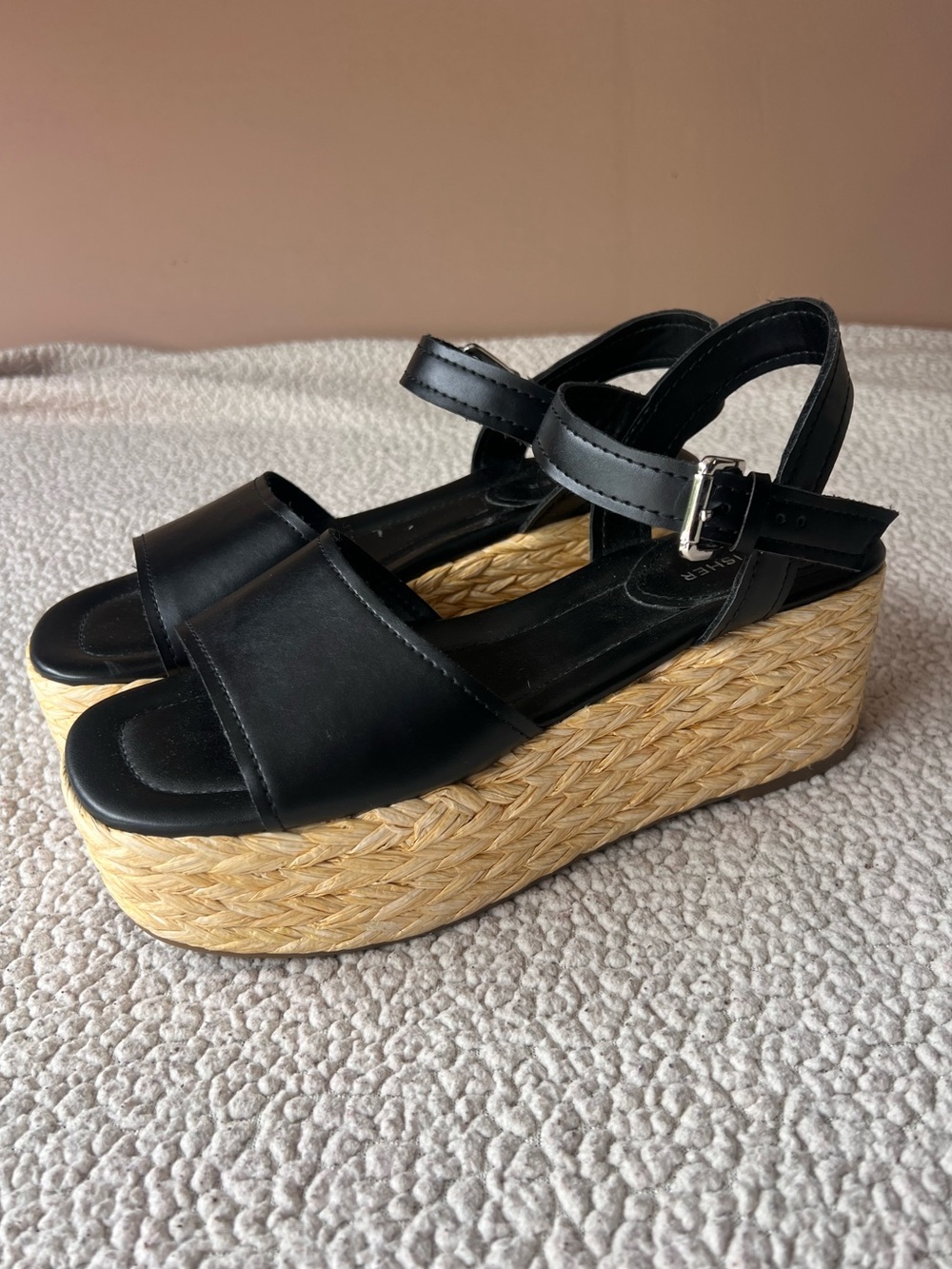 Marc Fisher Platform Espadrille Jellard Sandal Black Square Toe Summer Size 9.5